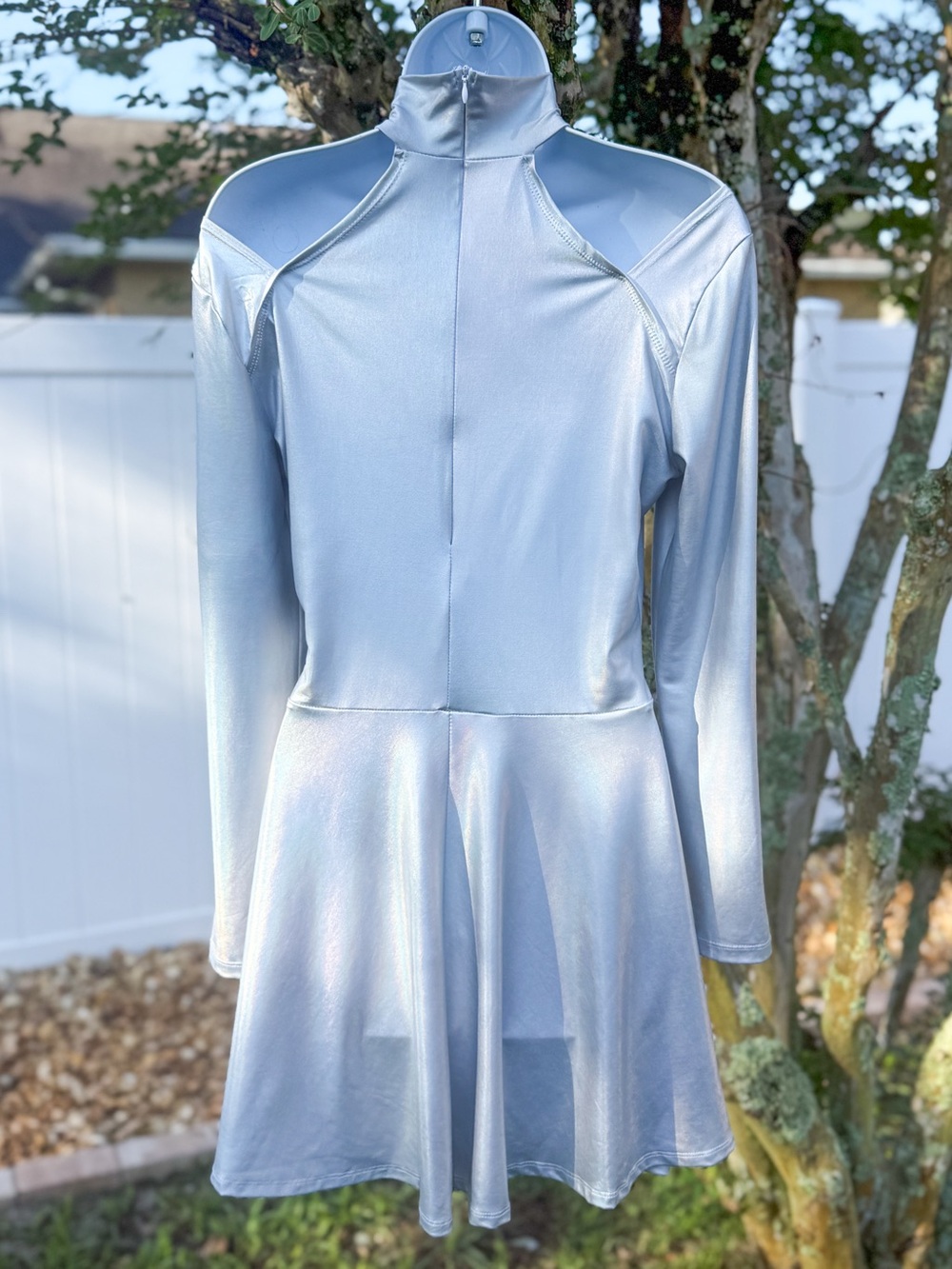 SPIRIT Silver Holographic Cold Shoulder Mock Neck Skater Dress Medium - Picture 4 of 9